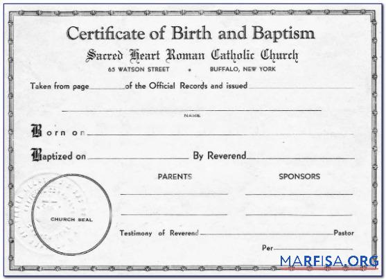 Blank New York Sacred Heart catholic church birth certificate example